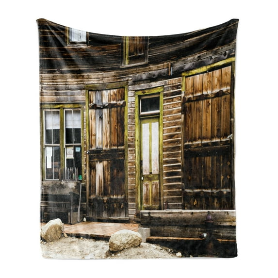 Rustic Soft Flannel Fleece Throw Blanket, Old Wooden Plank House with Antique Door and Windows with Stones on Rocky Street, Cozy Plush for Indoor and Outdoor Use, 70" x 90", Brown, by Ambesonne