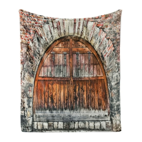 Rustic Soft Flannel Fleece Throw Blanket, Photograph of a Brick Stone RampArt with Oval Gate with Dated Materials Art, Cozy Plush for Indoor and Outdoor Use, 60" x 80", Grey Brown, by Ambesonne
