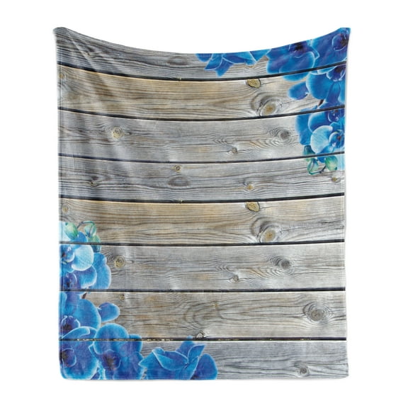 Rustic Soft Flannel Fleece Throw Blanket, Romantic Delphinium Florets on Horizontal Old Wooden Backdrop Image Artwork Print, Cozy Plush for Indoor and Outdoor Use, 50" x 60", Navy Brown, by Ambesonne