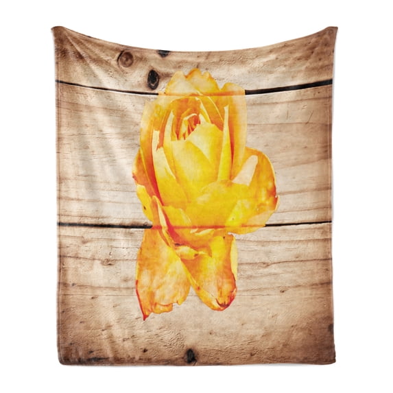 Rustic Soft Flannel Fleece Throw Blanket, Rose Flower with Petals Beauty Romantic Work of Art Composition Foliage Image, Cozy Plush for Indoor and Outdoor Use, 50" x 60", Orange Yellow, by Ambesonne
