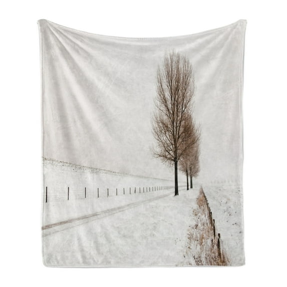 Rustic Soft Flannel Fleece Throw Blanket, Row of Large and Bare Beech Trees in Snow Covered Winter Frozen Photography Art, Cozy Plush for Indoor and Outdoor Use, 50" x 60", White Brown, by Ambesonne