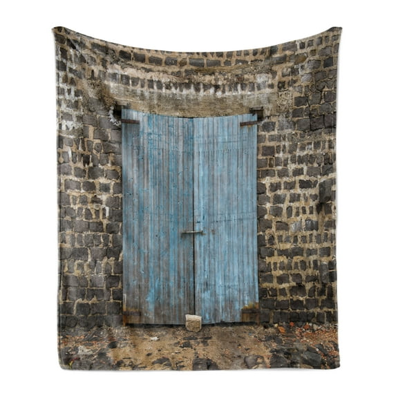 Rustic Soft Flannel Fleece Throw Blanket, Stone Wall of Dated Closed Barn Gothic Medieval European Urban City Town Scenery, Cozy Plush for Indoor and Outdoor Use, 50" x 70", Blue Grey, by Ambesonne