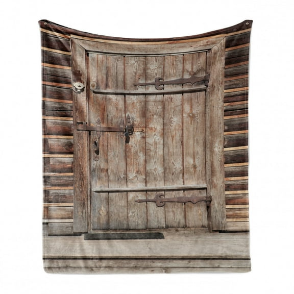 Rustic Soft Flannel Fleece Throw Blanket, Timber Rustic Door in Wall of an Old Log House Abandoned Building Entrance Gate, Cozy Plush for Indoor and Outdoor Use, 60" x 80", Brown, by Ambesonne