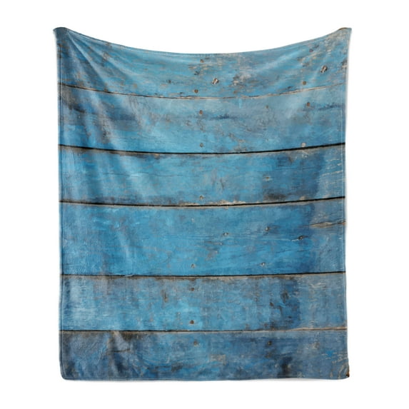Rustic Soft Flannel Fleece Throw Blanket, Vintage Horizontal Planks Antique Murky Fashioned Old Wood Board Picture, Cozy Plush for Indoor and Outdoor Use, 60" x 80", Sky Blue and Petrol, by Ambesonne