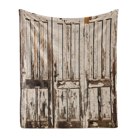 Rustic Soft Flannel Fleece Throw Blanket, Vintage House Entrance Vertical Old Planks Distressed Weathered Hardwood Design, Cozy Plush for Indoor and Outdoor Use, 60" x 80", Brown White, by Ambesonne
