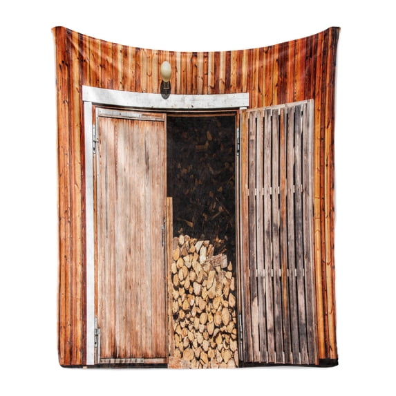 Rustic Soft Flannel Fleece Throw Blanket, Weathered Barn Firewood Countryside Village Storage Garden Rural Life Concept, Cozy Plush for Indoor and Outdoor Use, 50" x 70", Orange Brown, by Ambesonne