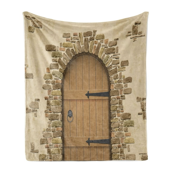 Rustic Soft Flannel Fleece Throw Blanket, Wine Cellar Entrance Stone Arch Architecture European Building, Cozy Plush for Indoor and Outdoor Use, 70" x 90", Sand Brown Pale Brown, by Ambesonne