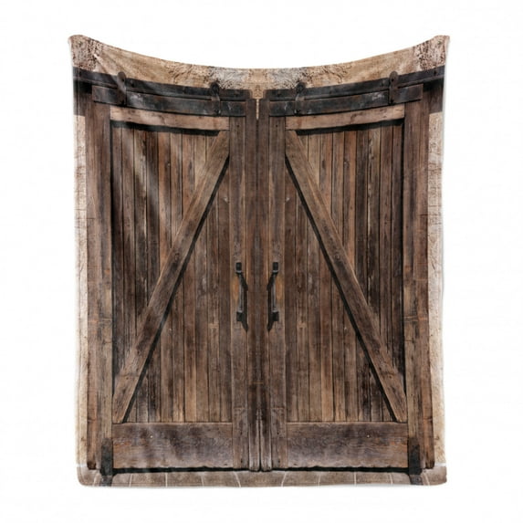 Rustic Soft Flannel Fleece Throw Blanket, Wooden Barn Door in Stone Farmhouse Image Vintage Desgin Rural Art Architecture Print, Cozy Plush for Indoor and Outdoor Use, 50" x 70", Brown, by Ambesonne