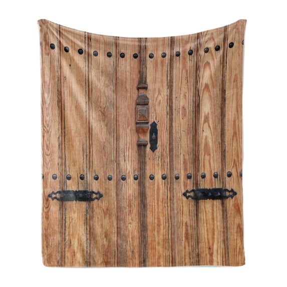 Rustic Soft Flannel Fleece Throw Blanket, Wooden Door with Iron Style Padlock Gate Exit Enclosed Space of Building Picture, Cozy Plush for Indoor and Outdoor Use, 70" x 90", Pale Brown, by Ambesonne