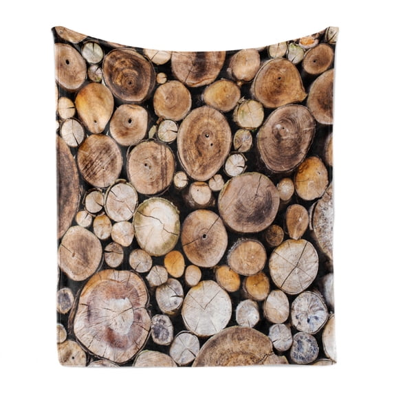 Rustic Soft Flannel Fleece Throw Blanket, Wooden Logs Background Circular Shaped Oak Tree Life and Growth Theme Print, Cozy Plush for Indoor and Outdoor Use, 50" x 70", Pale Sand Brown, by Ambesonne