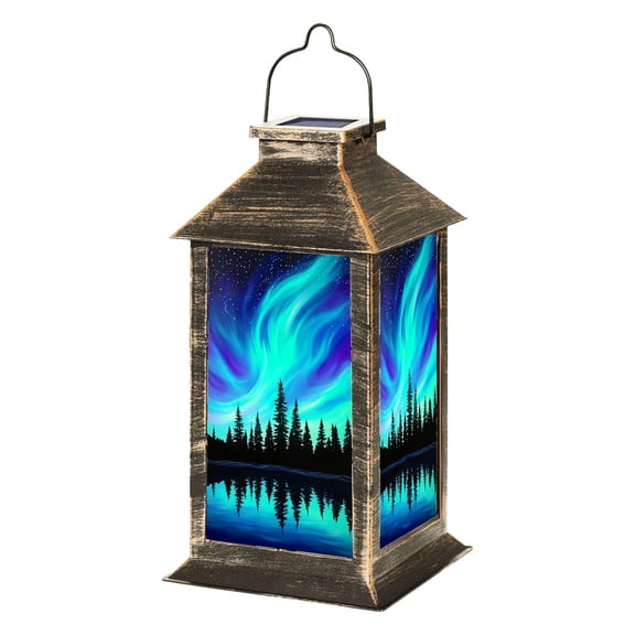Rustic Solar Lantern Northern Lights Pine Forest Reflection Calm Waters Garden Hanging Lantern Waterproof Solar Powered Lighting Outdoor Lamp for Deck Yard Camping Patio Decor