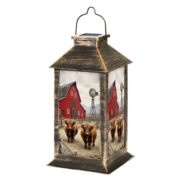 Rustic Solar Lantern Rustic Red Barn Highland Cows Windmill Countryside Landscape Garden Hanging Lantern Waterproof Solar Powered Lighting Outdoor Lamp for Deck Yard Camping Patio Decor