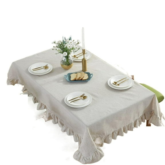 Rustic Solid Color Ruffled Cotton Linen Tablecloth - Vintage Flounce Simple Style Table Cover for Wedding - Party Decor Tabletop Indoor Outdoor