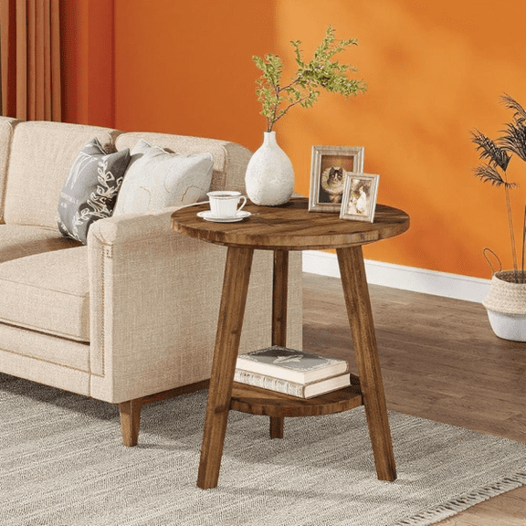 Rustic Solid Fir Round Side Table, 2-Tier Storage, Natural Wood Grain, for Living Room/Bedroom/Reading Nook