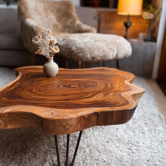 Rustic Solid Wood Coffee Table, Handmade Natural Wood Living Room Table with Live Edge Design for Organic Farmhouse Home Decor