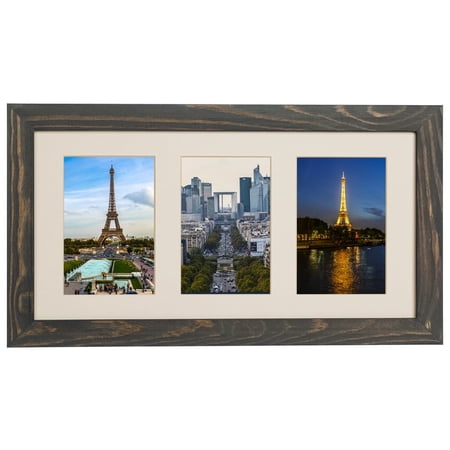 Rustic Solid Wood Collage Photo Frame 8x16 – Display Three (3) 4x6 Pictures with Mat, Horizontal/ Vertical for Wall and Tabletop - Grey