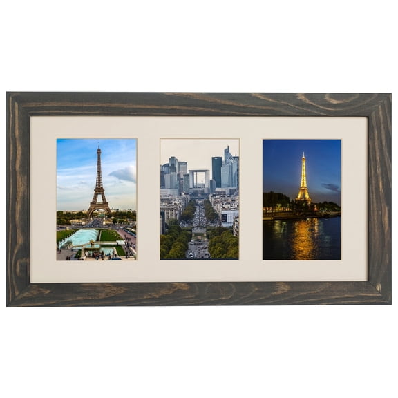 Rustic Solid Wood Collage Photo Frame 8x16 – Display Three (3) 4x6 Pictures with Mat, Horizontal/ Vertical for Wall and Tabletop - Grey