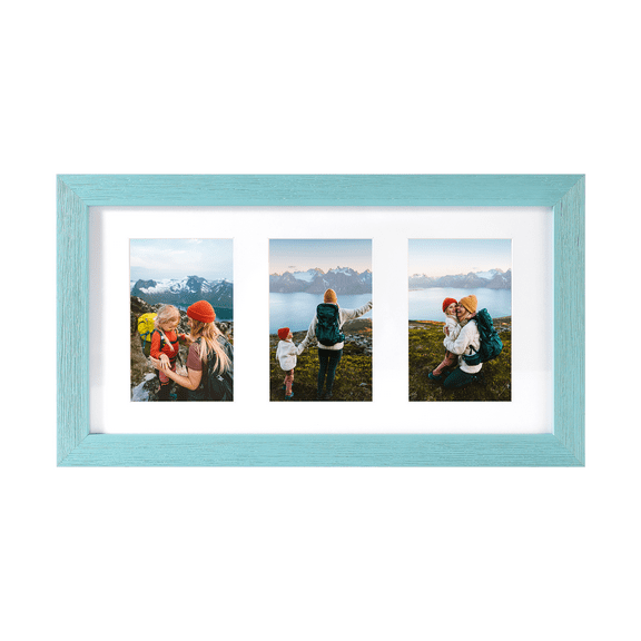 Rustic Solid Wood Collage Photo Frame 8x16 – Display Three (3) 4x6 Pictures with Mat, Horizontal or Vertical for Wall and Tabletop - Blue