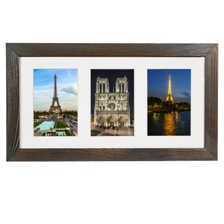 Rustic Solid Wood Collage Photo Frame 8x16 – Display Three (3) 4x6 Pictures with Mat, Horizontal or Vertical for Wall and Tabletop - Brown Wenge