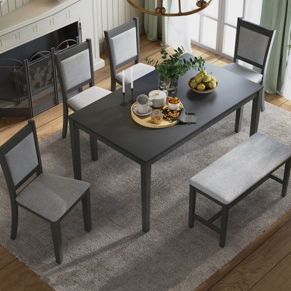 Rustic Solid Wood Dining Table Set Kitchen Table Set with Rectangular Table, 4 Upholstered Chairs and Bench, Grey 20AAE