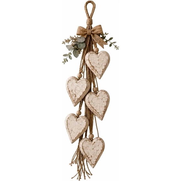 Rustic Solid Wood Heart Wall Hanging, Burlap Bow & Distressed Hearts, Vintage Farmhouse Decor for Bedroom, 22.8x9.4in, Natural Wood (#A)