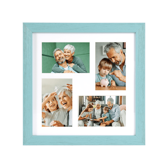 Rustic Solid Wood Square Collage Photo Frame 12x12 inch – Display Four (4) 4x6 inch Pictures with Mat for Wall Hanging - Blue