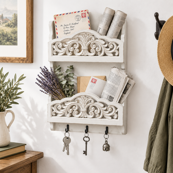 Rustic Solid Wood Wall Mounted Key And Mail Holder With 3 Hooks