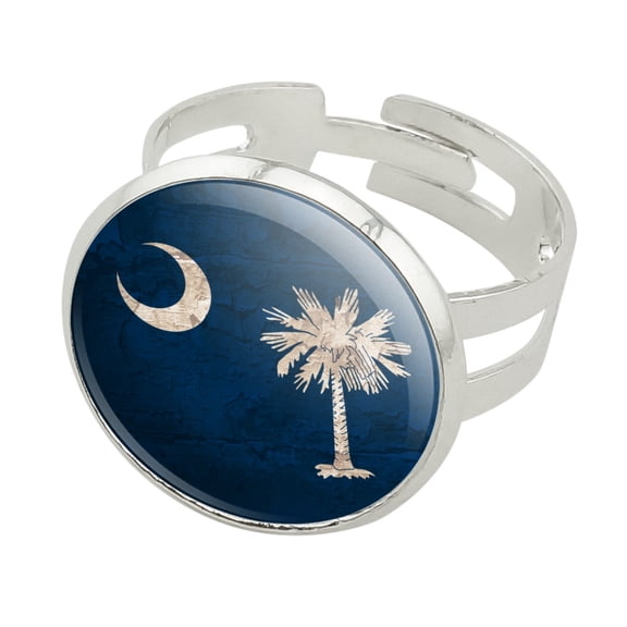 Rustic South Carolina State Flag Distressed USA Silver Plated Adjustable Novelty Ring