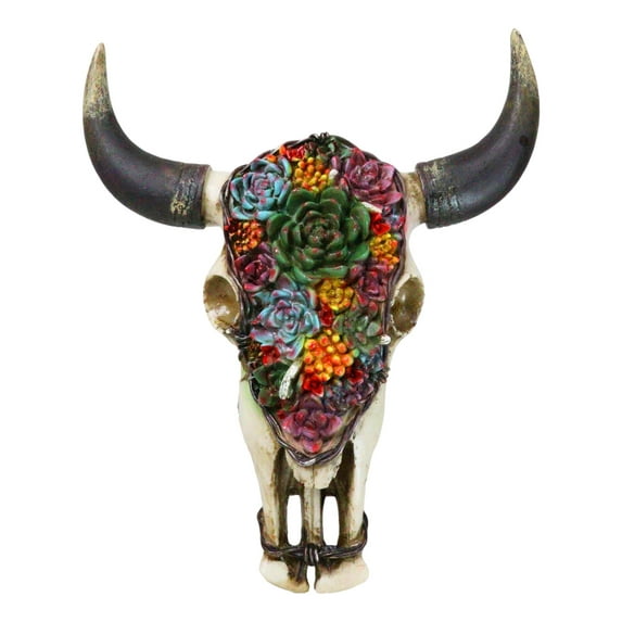 Rustic Southwest Bull Cow Skull With Floral Cactus Succulents Wall Decor Plaque