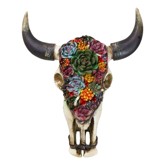Rustic Southwest Bull Cow Skull With Floral Cactus Succulents Wall Decor Plaque