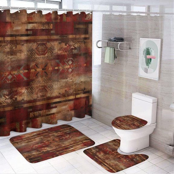 Rustic Southwest Red Brown Abstract 4 Piece Decor Shower Curtains Sets Shower Curtain and Rugs Shower Curtain Set Vintage Ethnic Pattern Waterproof Fabric Bath Curtain for Bathroom Decor Set