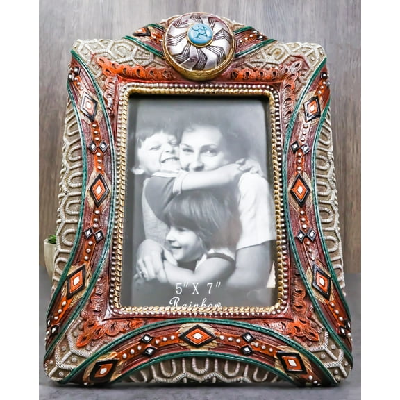 Rustic Southwest Silver Concho Turquoise Gem Tribal Patterns Picture Frame 5"X7"