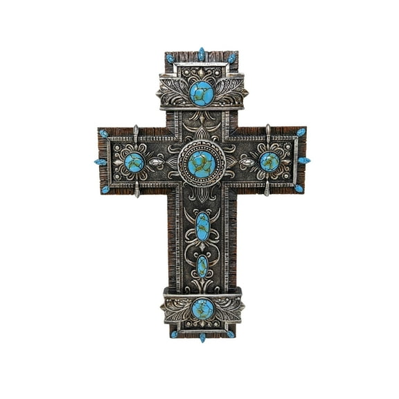 Rustic Southwest Turquoise Wall Cross | Silver Leaves & Round Gems | Religious Home Decor | Hanging Wall Art | Christian Cross Wall Decor | Unique Boho Cross for Bedroom, Living Room