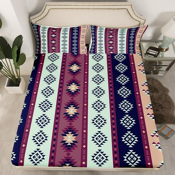 Rustic Southwestern Bed Sheets Full Western Boho Aztec Bedding Set Exotic Bohemian Fitted Sheet For Kids Adults Geometric Triangle Bed Cover Purple Blue Mint Green Room Decor 3 Pcs