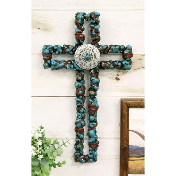 Rustic Southwestern Crackled Turquoise Rocks And Western Concho Wall Cross Decor