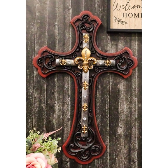 Rustic Southwestern French Fleur De Lis Scrollwork Red Gold Silver Wall Cross