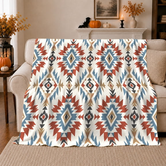 Rustic Southwestern Geometric Diamond Pattern, Festive autumn celebration Scene, Warm Flannel Blanket for Ranch House and Living Room, Art Lovers autumn celebration Gift, Festive Home Decor