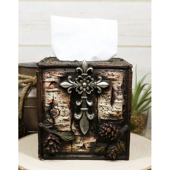 Rustic Southwestern Le Fleur Cross W/ Birch And Pinecones Tissue Box Holder Case