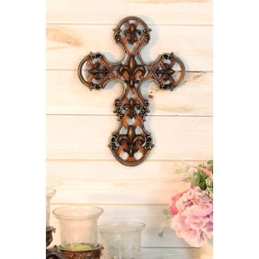 Rustic Southwestern Scroll Art Tuscan Fleur De Lis Emblems Wall Cross Crucifix
