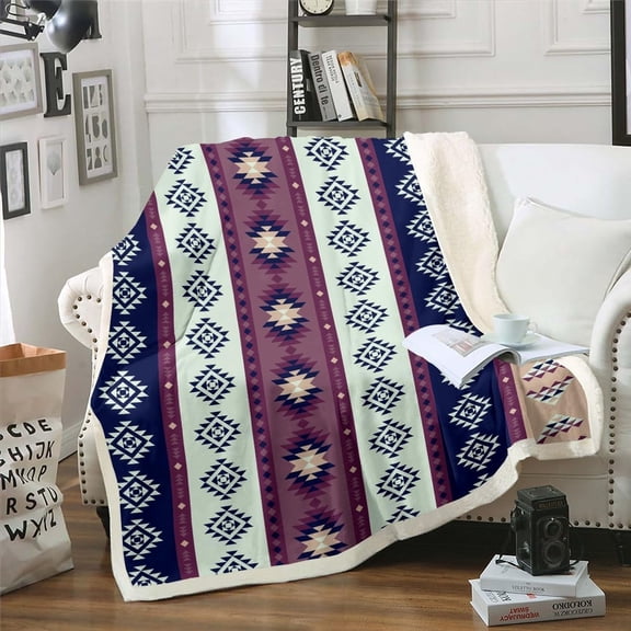 Rustic Southwestern Throw Blanket 40"X50" Western Boho Aztec Fleece Blanket Exotic Bohemian Sherpa Blanket for Kids Adults Ethnic Tribal Geometric Triangle Fuzzy Blanket Purple Blue Mint Green