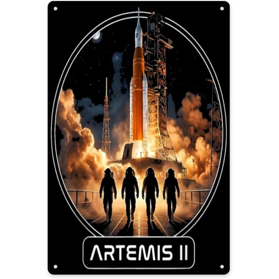 Rustic Space Exploration Rocket Launch Wall Plaque, Artemis 2026 Moon Mission Theme, Distressed Metal Sign, 8x12 Inch for Cafe, Man Cave, Farmhouse Decor