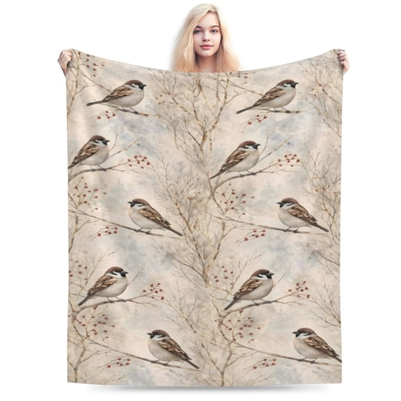 Rustic Sparrow Blanket Vintage Bird Pattern Throw Soft Cozy Fleece Farmhouse Nature Home Decor Gift for Adults 80x60