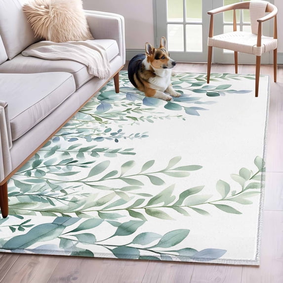 Rustic Spring Area Rugs 3x5 ft Sage Green Eucalyptus Leaves Botanical Washable Rug Non Slip Indoor Carpet Absorbent Floor Mat for Living Room Bedroom Dining Room