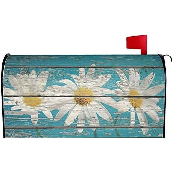 Rustic Spring Daisy Mailbox Covers Magnetic Standard Size 25.5x21 Inch Teal Old Wood Board Mailbox Decals Mailbox Wrap Post Letter Box Cover Mailbox Post Cover for Garden Yard Decor
