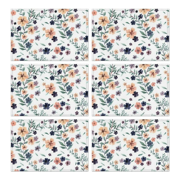 Rustic Spring Floral Table Mats, Heat Resistant Wrinkle Free Flax Placemats with Butterfly and Blooming Wildflower Design, Country Dining Decor, Set of 6