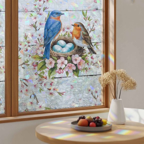 Rustic Spring Flower Wood Board Window Privacy Film,Heat Control Sun Blocking Static Cling Rainbow Film,Farmhouse Bird Nests Egg Non-Adhesive Glass Sticker Door Window Tint,17.7" x 39.3"