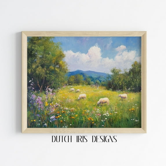 Rustic Spring Meadow Landscape, Wildflower Field Art, Country Cottagecore Decor, Lush Green Nature Scene Wall Art 409 Home Decor #1337, Unframed Canvas Size 24x36