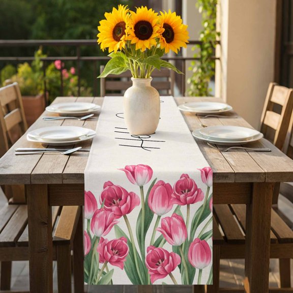 Rustic Spring Tulips Linen Texture Table Runner 36 Inches Long,Kitchen Dining Tablerunners Farmhouse Pink Flower Linen Table Runners Dresser Scarves for Home Dinner Wedding Holiday Party Decor