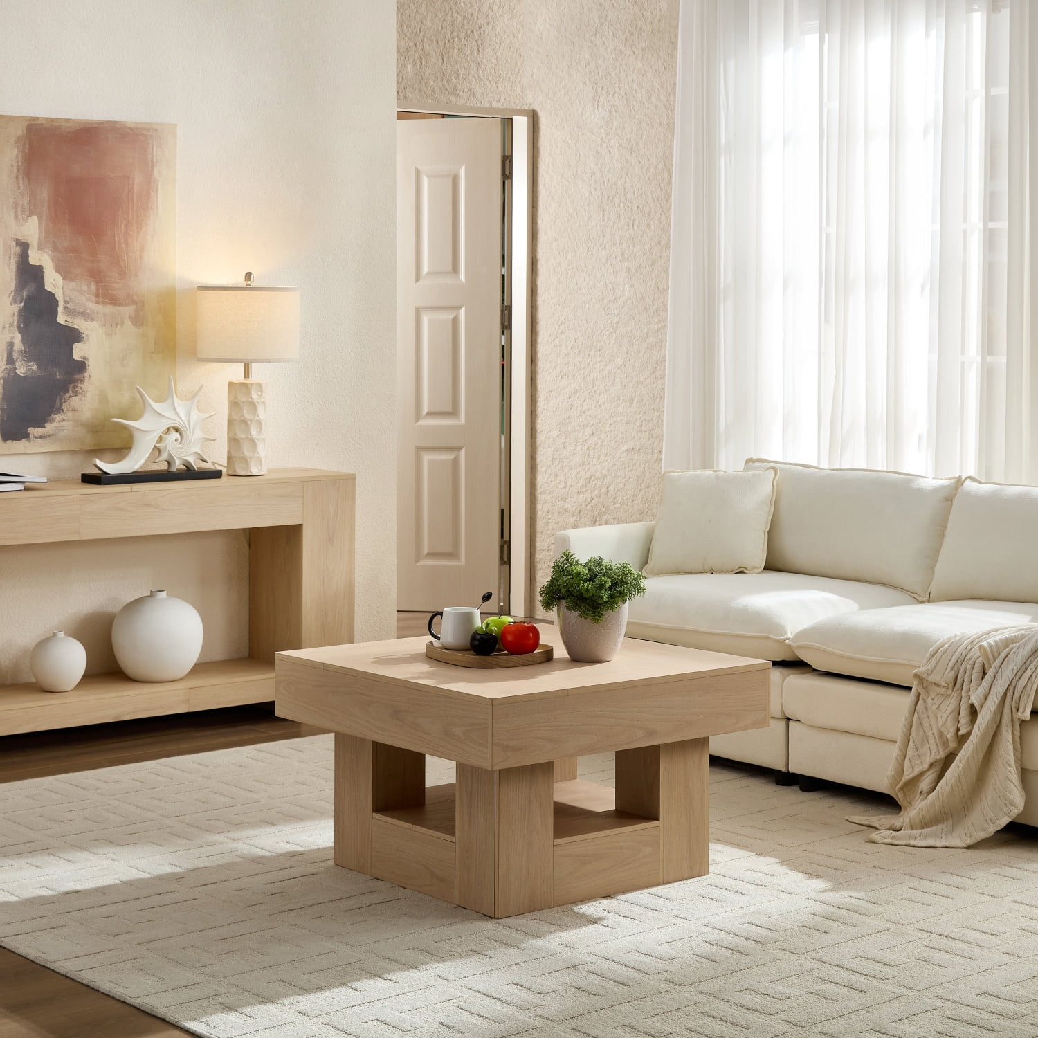 Rustic Square Coffee Table, Exquisitely Crafted with Scalloped Edges Low-Profile Living Room Coffee Table
