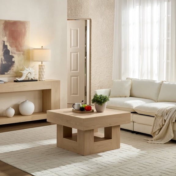 Rustic Square Coffee Table with Scalloped Edges, Industrial Engineered Wood Low Profile Cocktail Table Holds Over 300LBS for Living Room Bedroom